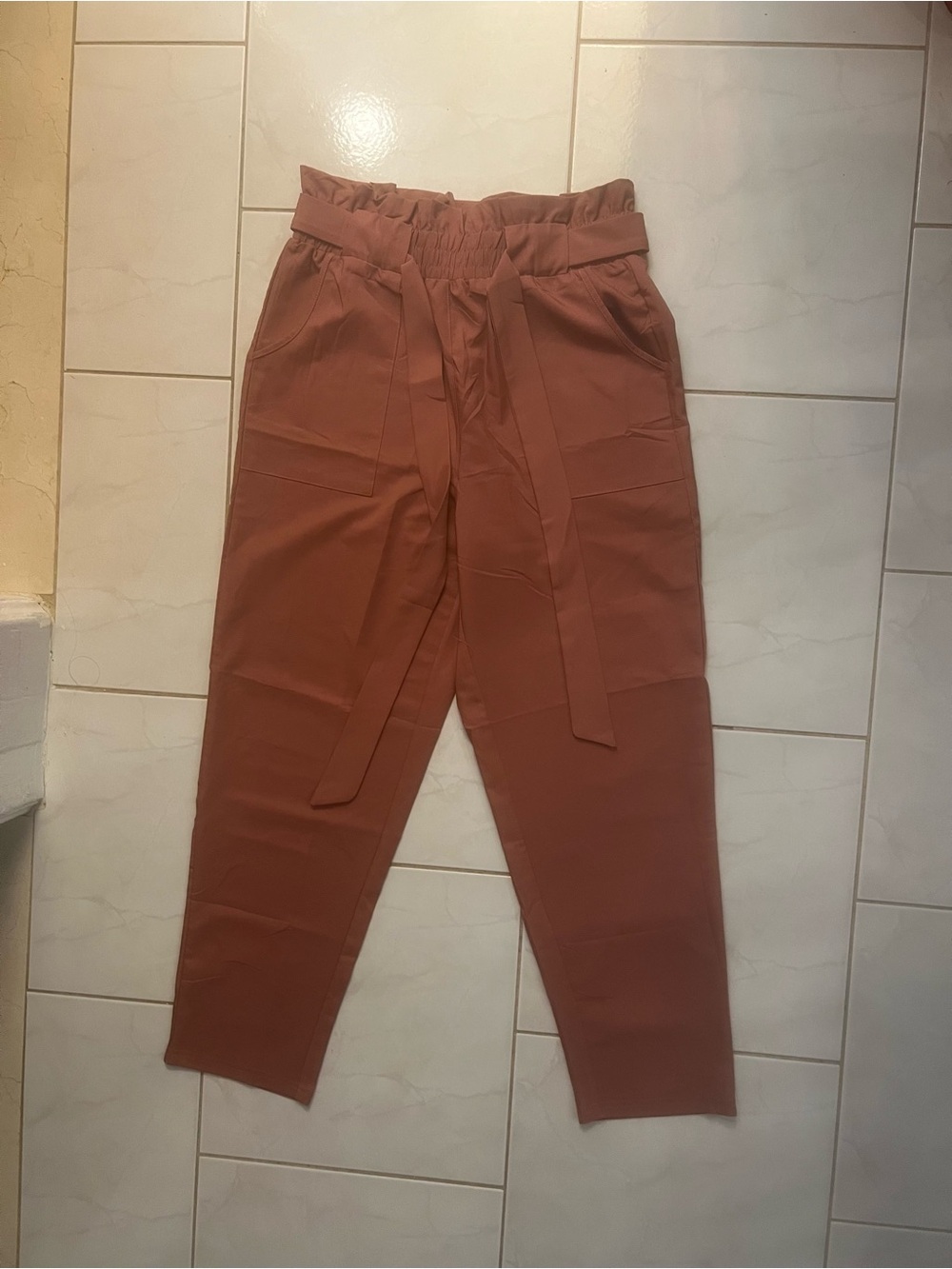 Freeprance Women’s Light Rust High-Waist Paperbag Trousers